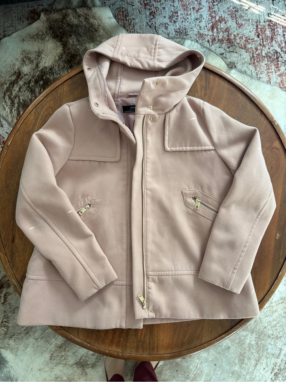 Zara Blush Pink Hooded Pea Coat with Gold Hardware